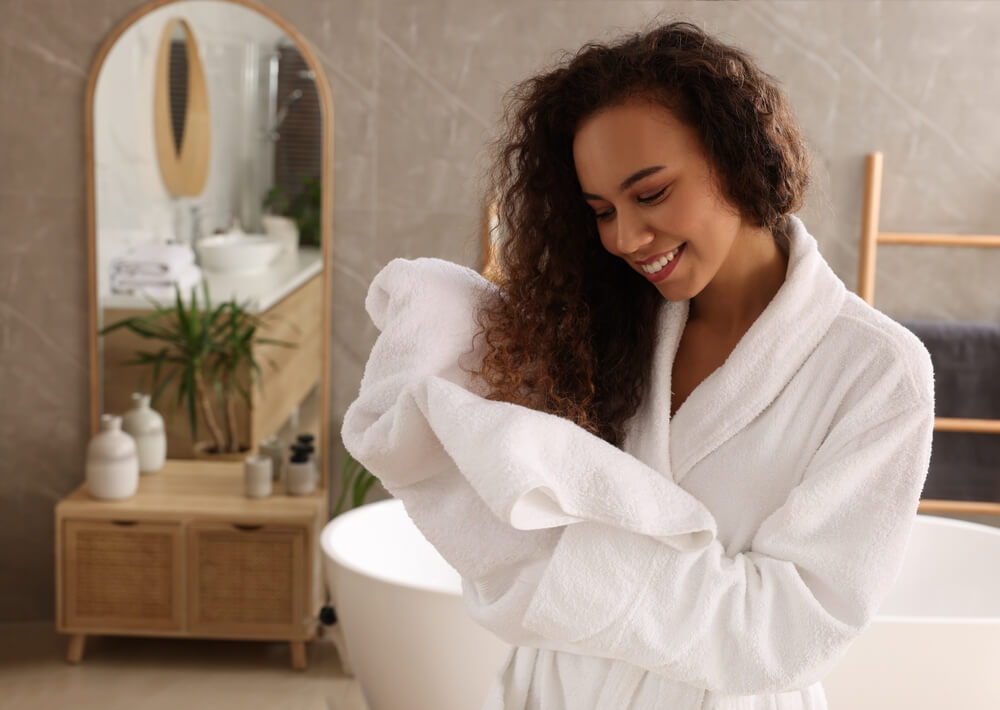 woman drying hair